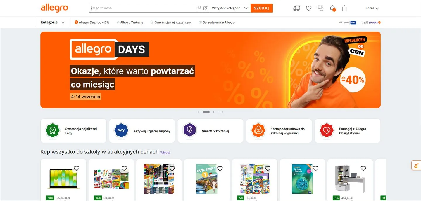 Widok strony głównej portalu Allegro