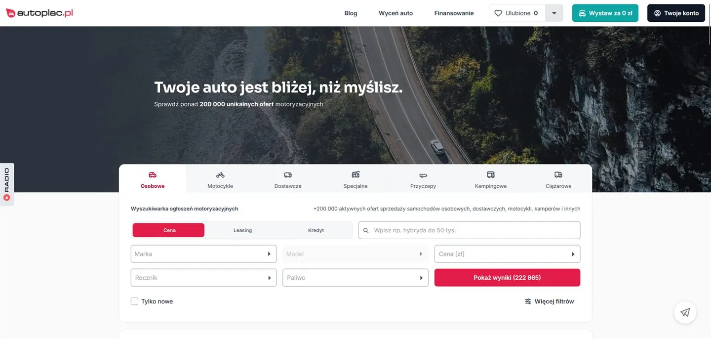 Widok strony głównej portalu Autoplac