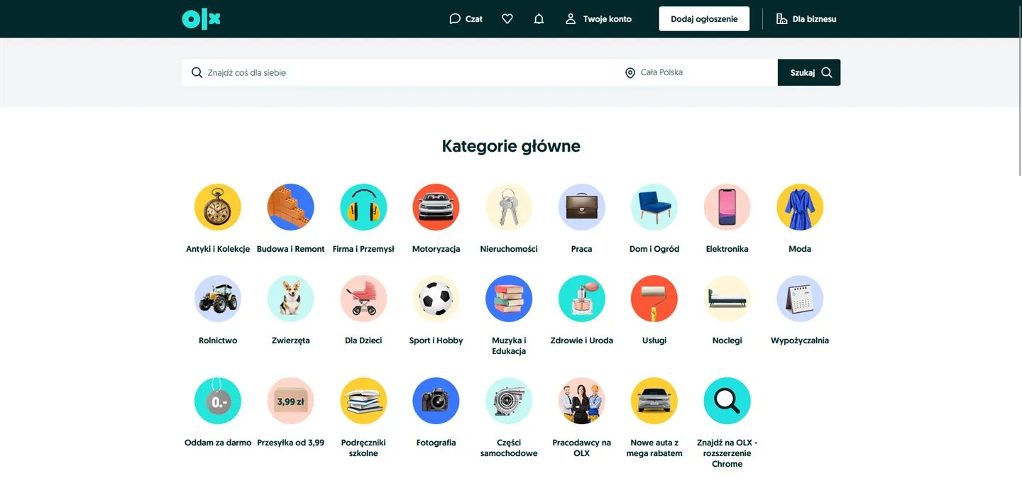 Widok strony głównej portalu OLX