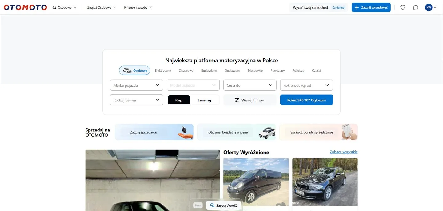Widok strony głównej portalu OTOMOTO