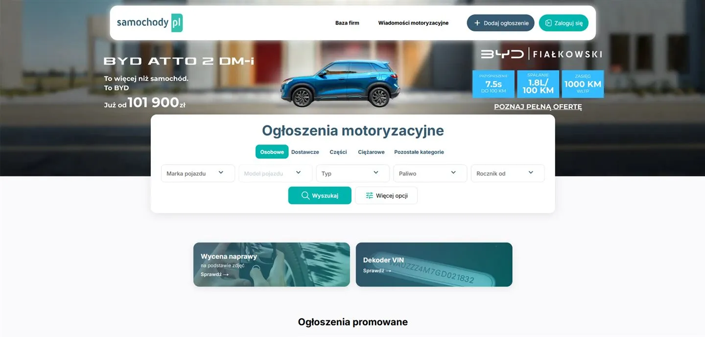 Widok portalu Samochody.pl